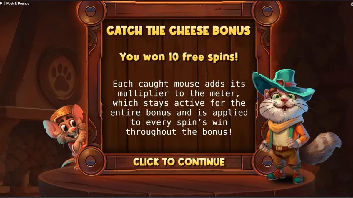 Tampilan visual slot Peek & Pounce dengan karakter kucing dan tikus