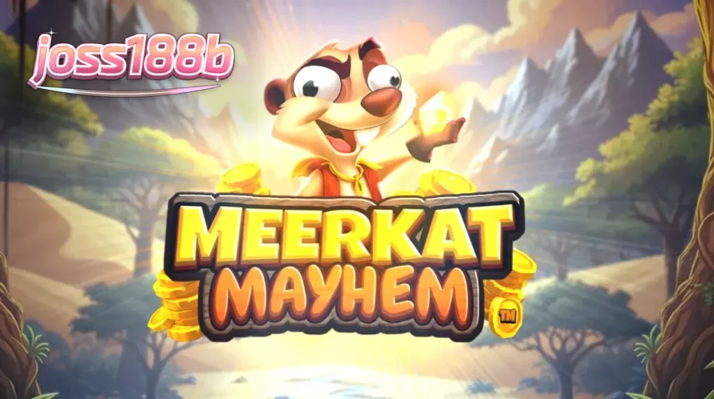 Tampilan antarmuka seluler permainan slot Meerkat Mayhem dengan latar belakang gurun